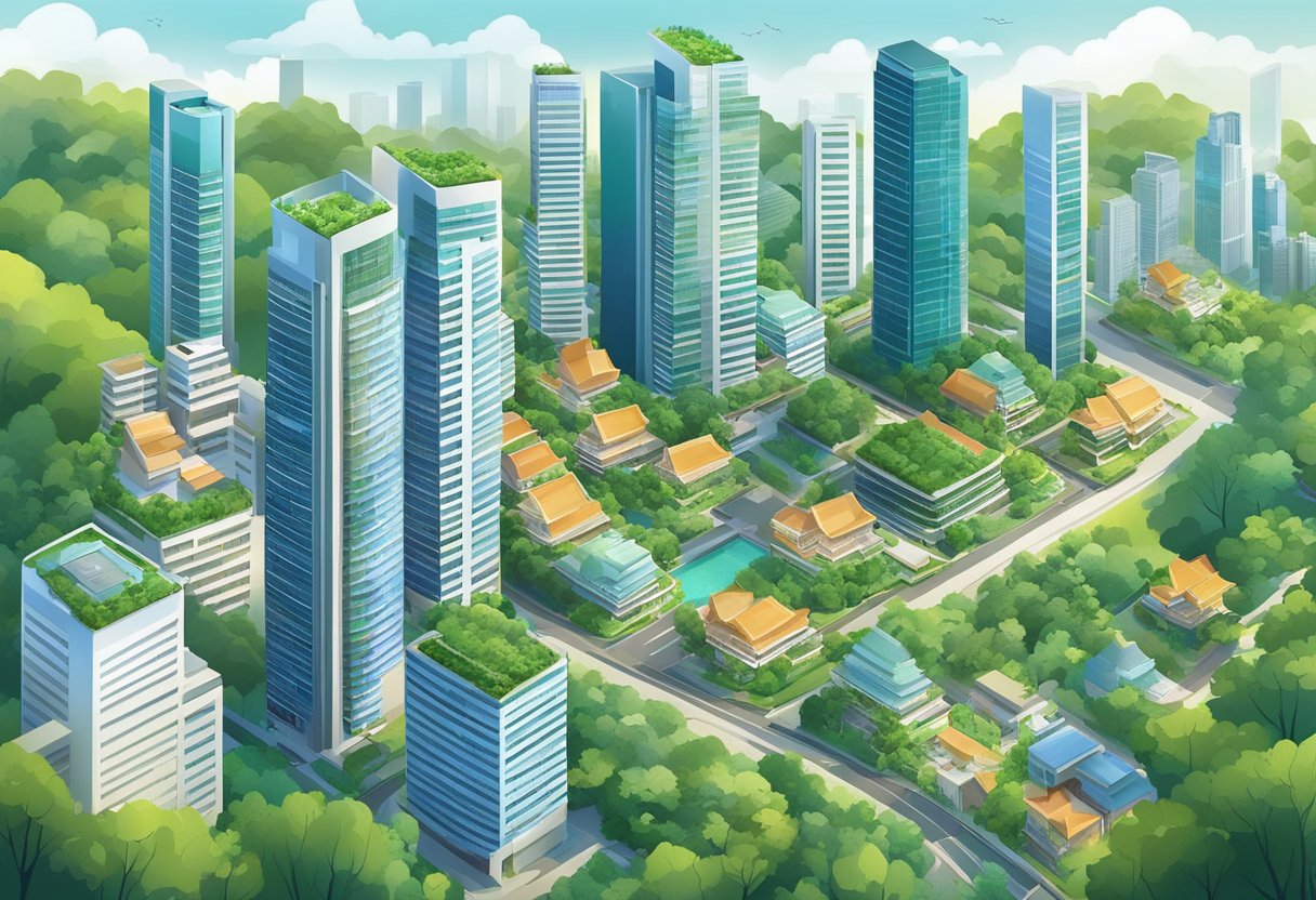 A bustling cityscape with modern skyscrapers and lush greenery, showcasing the dynamic and vibrant Singapore property market