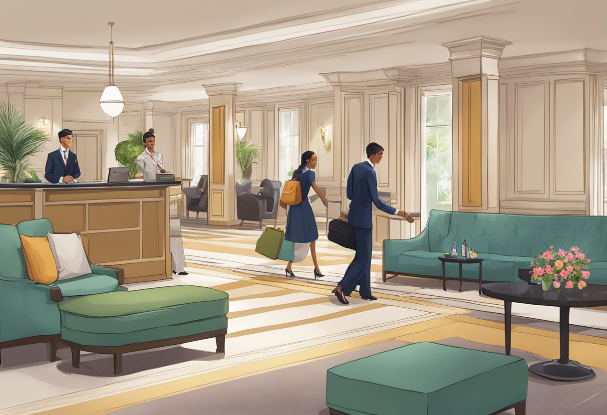 The hotel lobby bustles with guests checking in, while a concierge assists with luggage. A maid tidies a nearby seating area