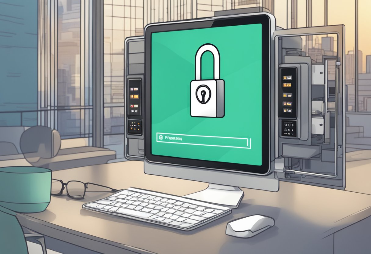 A digital lock with "Frequently Asked Questions" displayed on screen in a Singapore setting