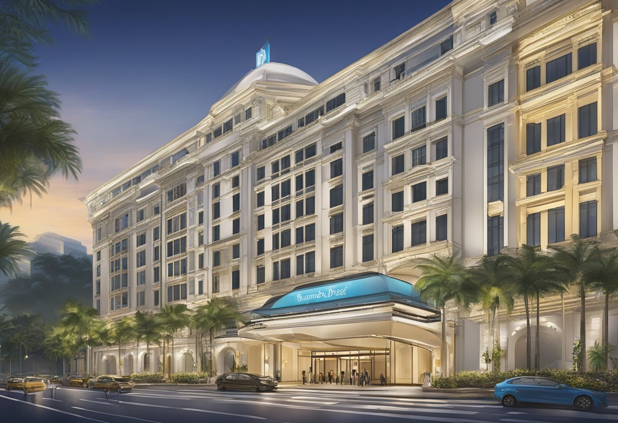 The grand entrance of Singapore 81 Hotel Palace, with a prominent "Frequently Asked Questions" sign