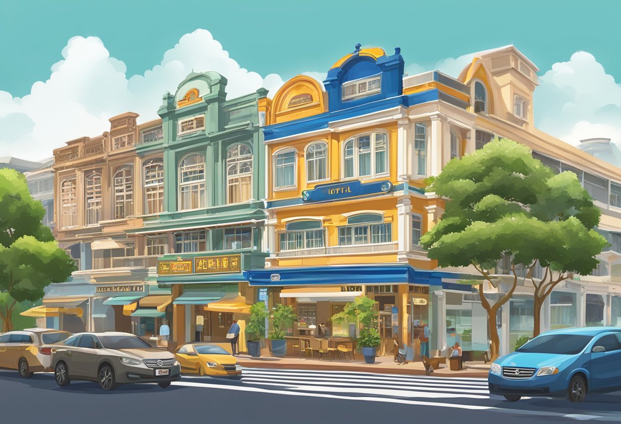 A hotel signboard in Geylang, Singapore, with a bustling street scene in the background
