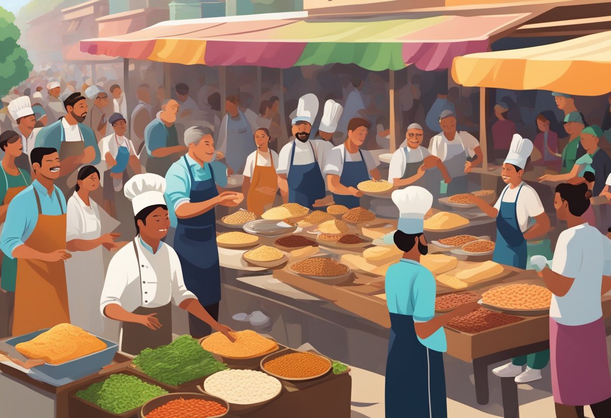 A bustling open-air market with colorful food stalls, aromatic spices, and sizzling grills. A chef expertly tosses dough in the air, surrounded by eager customers