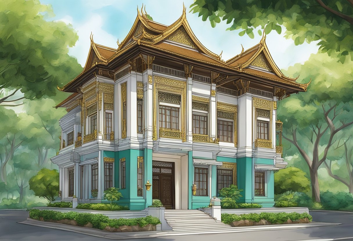 The Thai embassy in Singapore stands tall with a traditional Thai architectural design, featuring intricate details and vibrant colors. Surrounded by lush greenery, the building exudes a sense of elegance and cultural richness