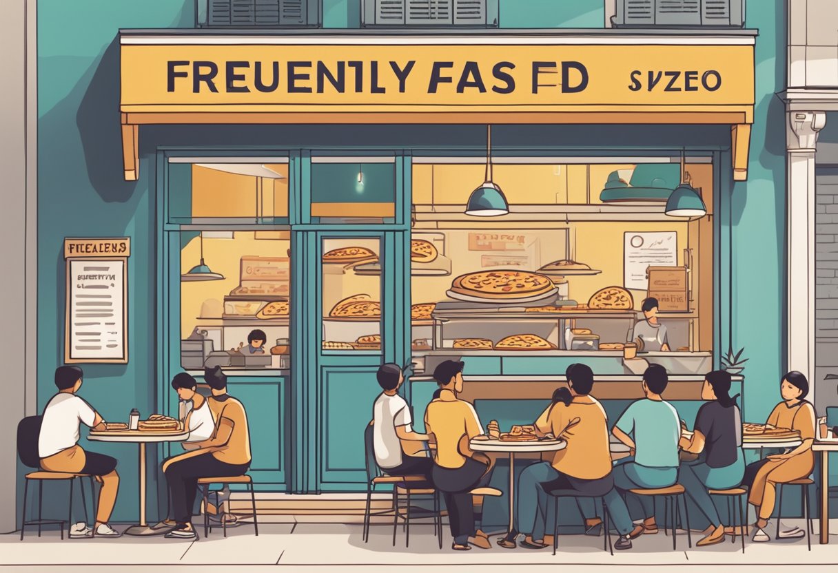A pizza shop in Singapore with a sign reading "Frequently Asked Questions" and a bustling crowd of customers waiting to order