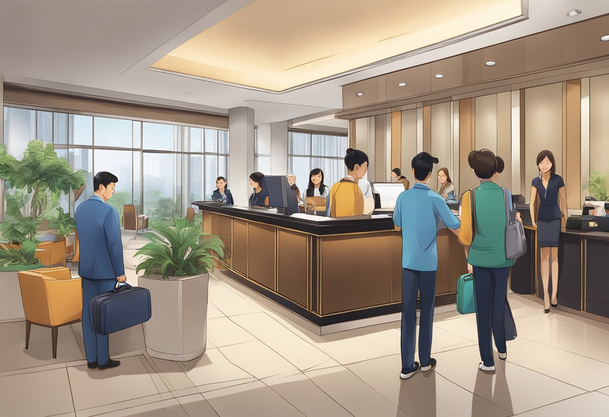 The bustling lobby of Harbour Ville Hotel Singapore, with guests checking in at the reception desk and staff assisting with luggage