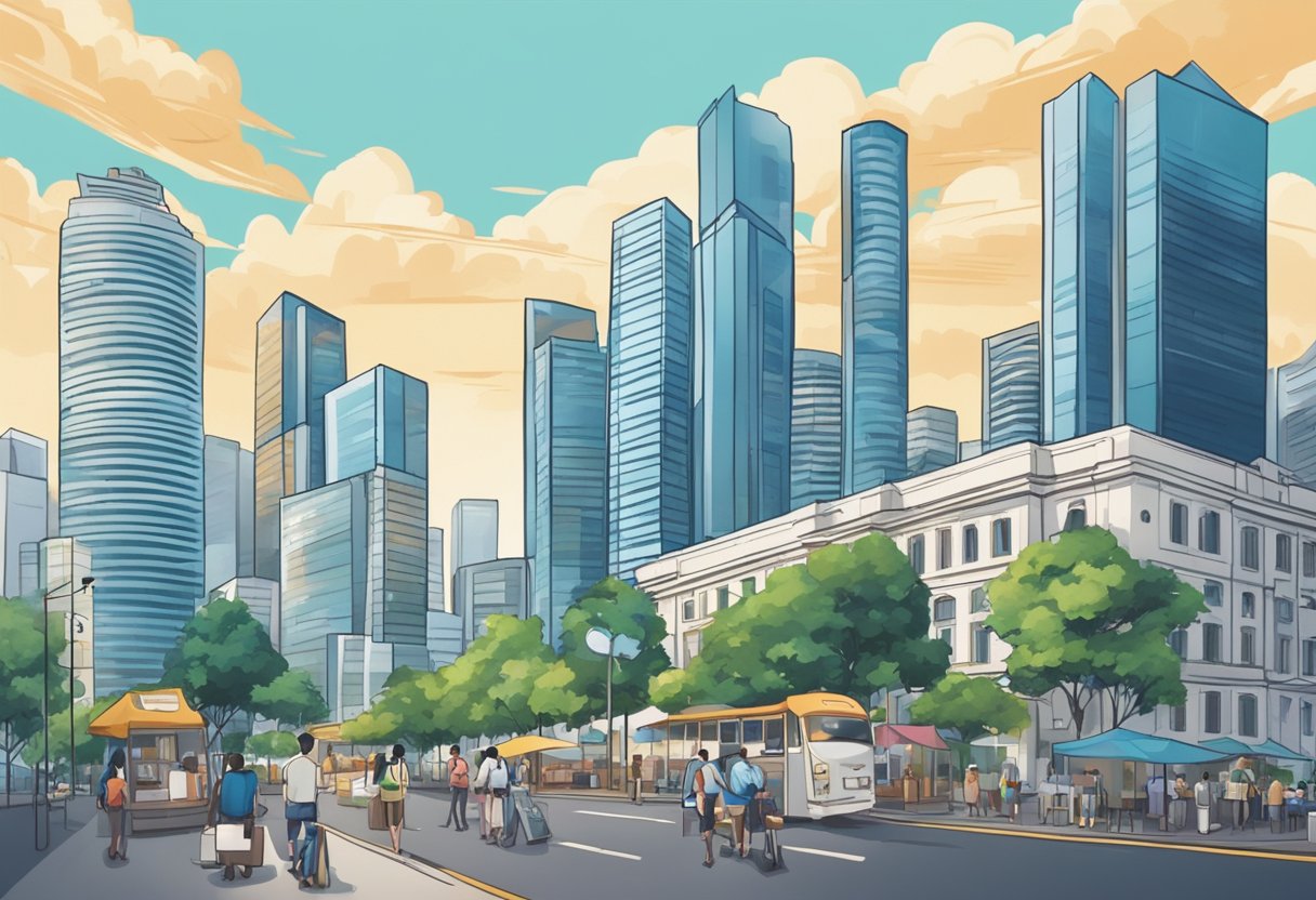 A bustling cityscape with iconic Singapore landmarks in the background, and a real estate agent answering questions from potential buyers