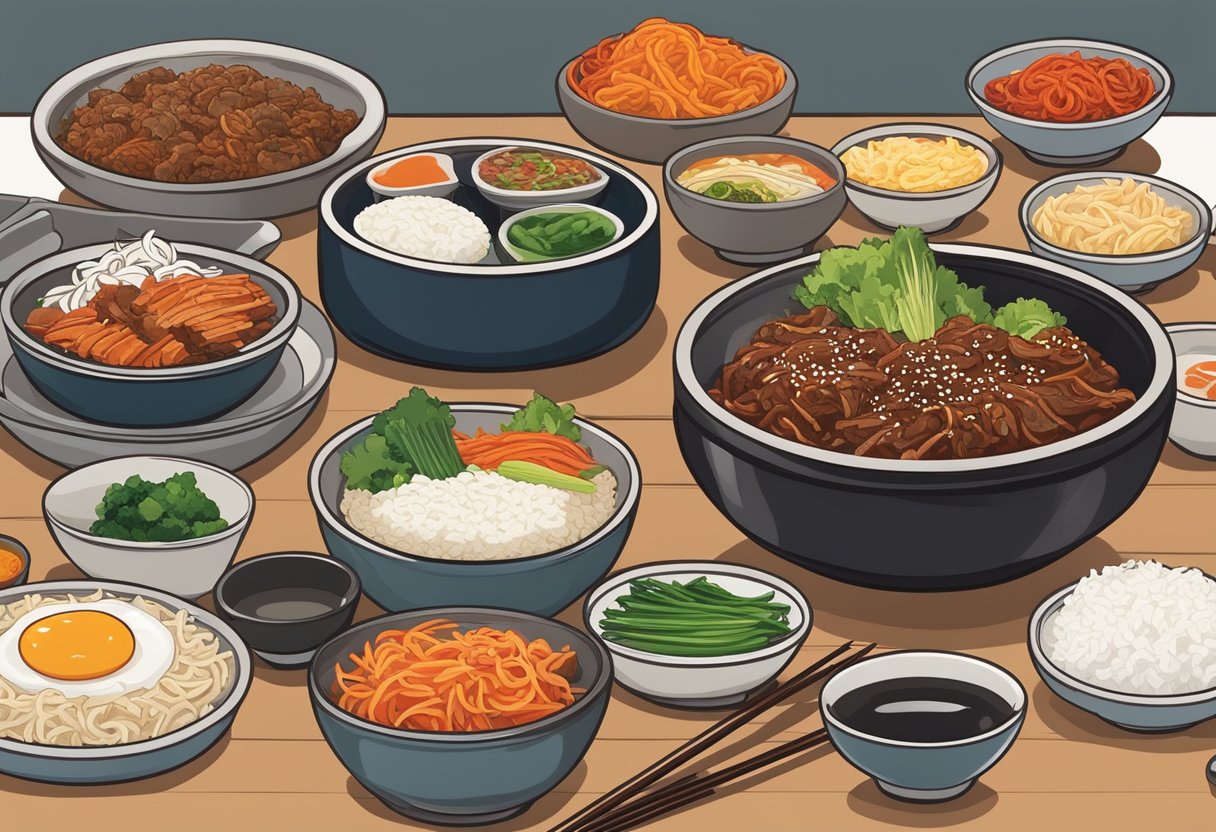 A table set with a variety of Korean dishes, including kimchi, bulgogi, bibimbap, and banchan, with chopsticks and a steaming bowl of rice
