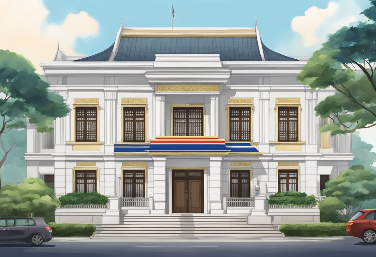 The Thai embassy in Singapore is a modern building with the national flag flying high. The entrance is adorned with traditional Thai artwork, and the contact information is prominently displayed