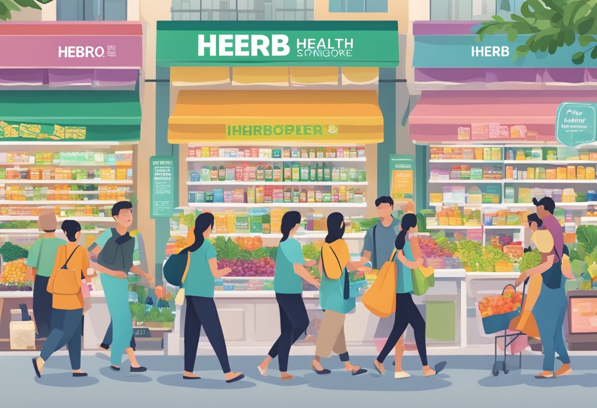 A bustling marketplace in Singapore, with colorful iHerb storefront and people browsing health products