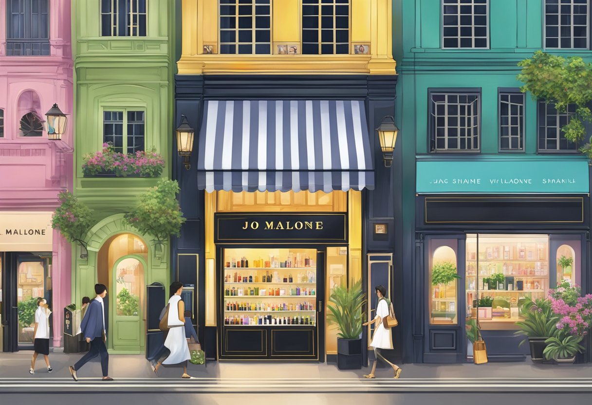 A bustling street in Singapore with a storefront displaying the Jo Malone logo, surrounded by vibrant colors and exotic scents