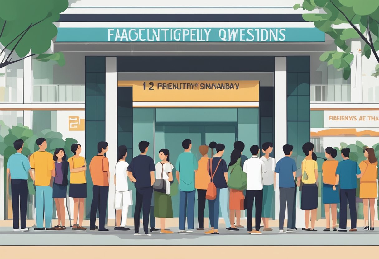 A line of people waiting outside the Thai embassy in Singapore, with a prominent sign displaying "Frequently Asked Questions" in bold letters