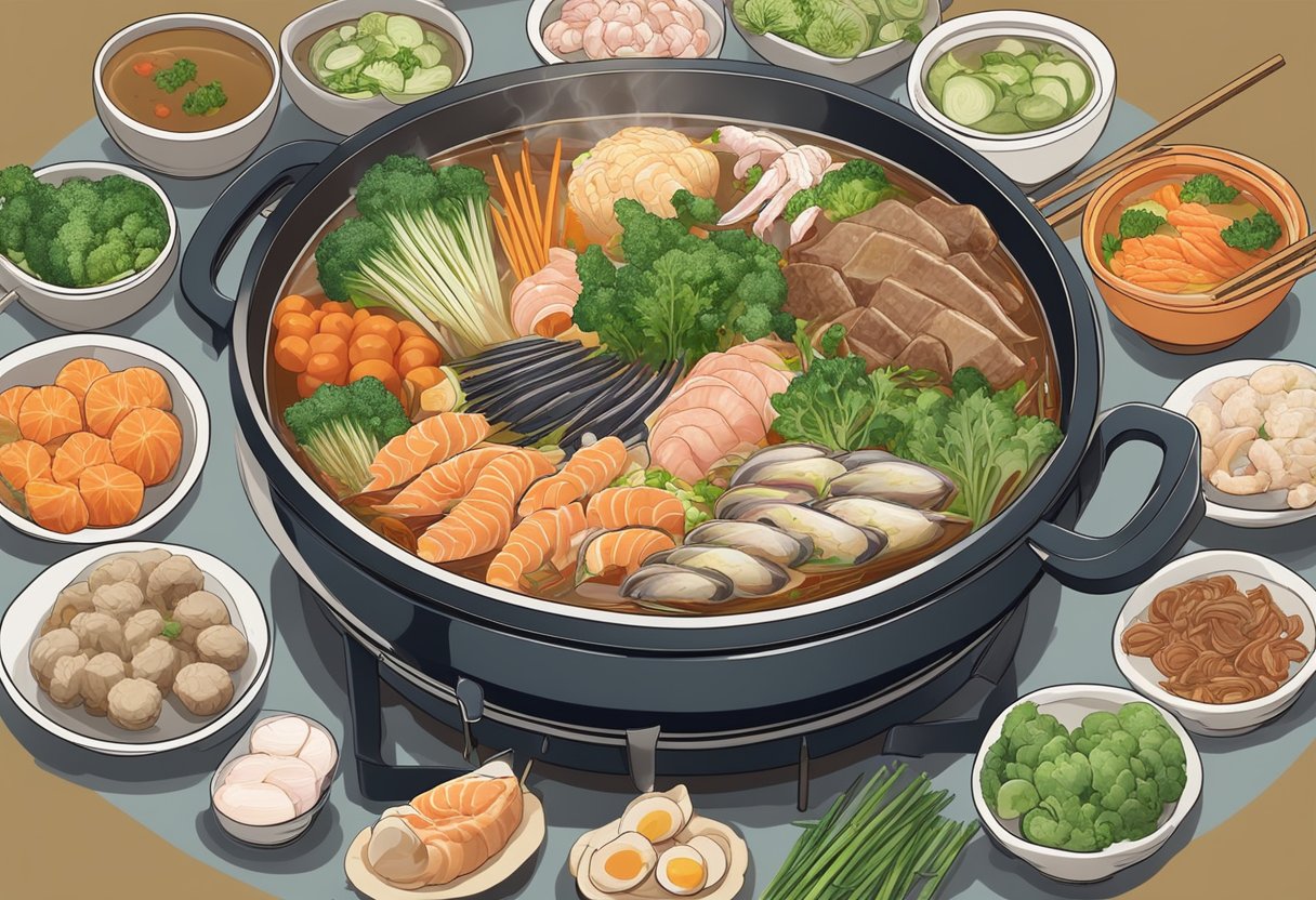 A steaming hotpot filled with bubbling broth, surrounded by an array of fresh vegetables, meats, and seafood, with chopsticks resting on the side