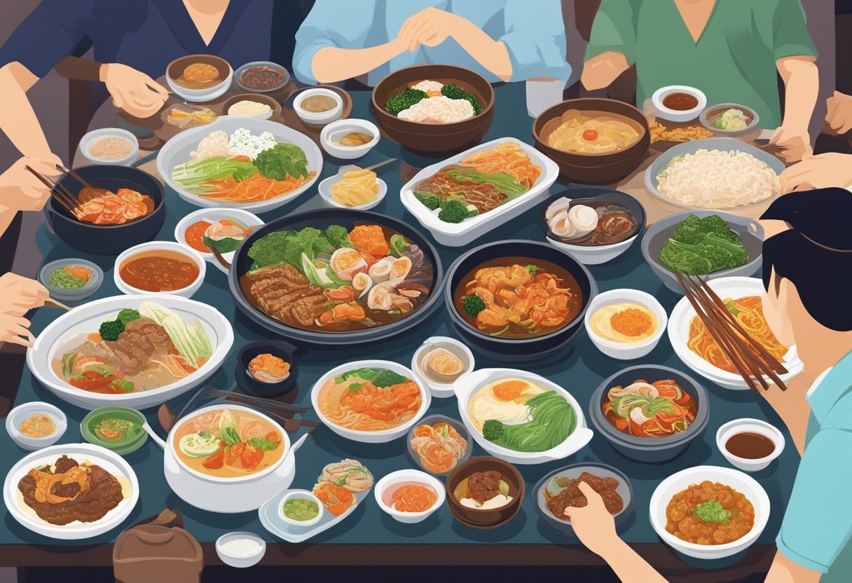 A table set with various Korean dishes, surrounded by diners enjoying the vibrant flavors and aromas of Korean cuisine in a bustling Singapore restaurant