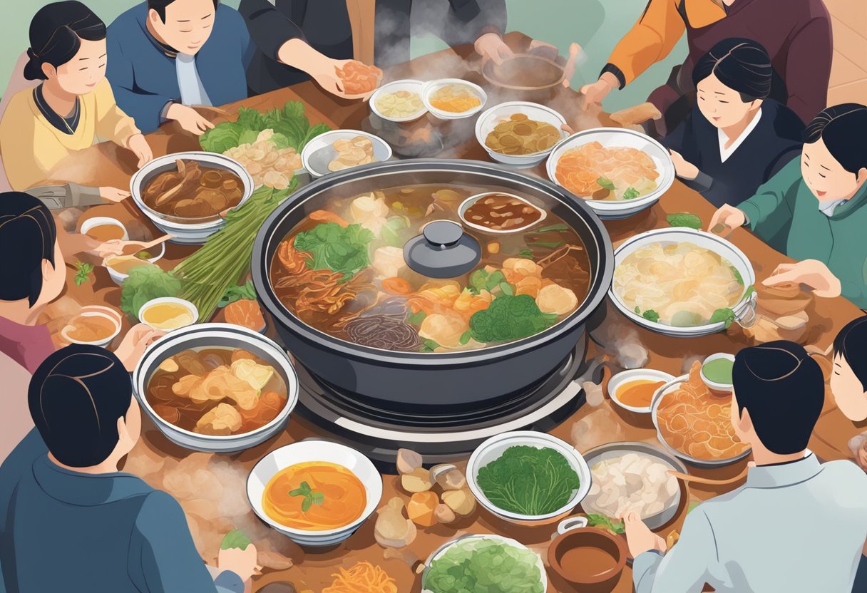 A table filled with various hotpot ingredients, surrounded by people reaching for their favorite items. A steaming hotpot sits in the center, bubbling with fragrant broth