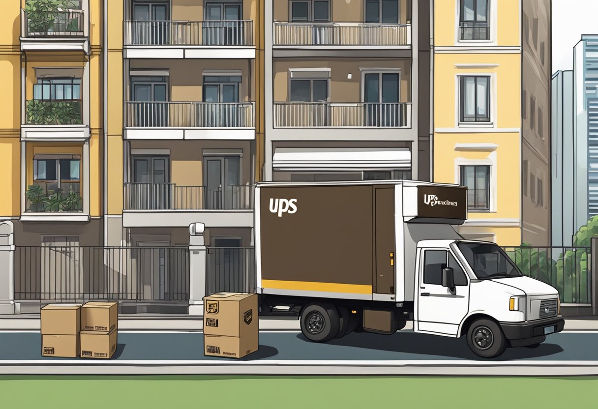 A UPS delivery truck parked outside a Singaporean apartment building, with a delivery person unloading packages
