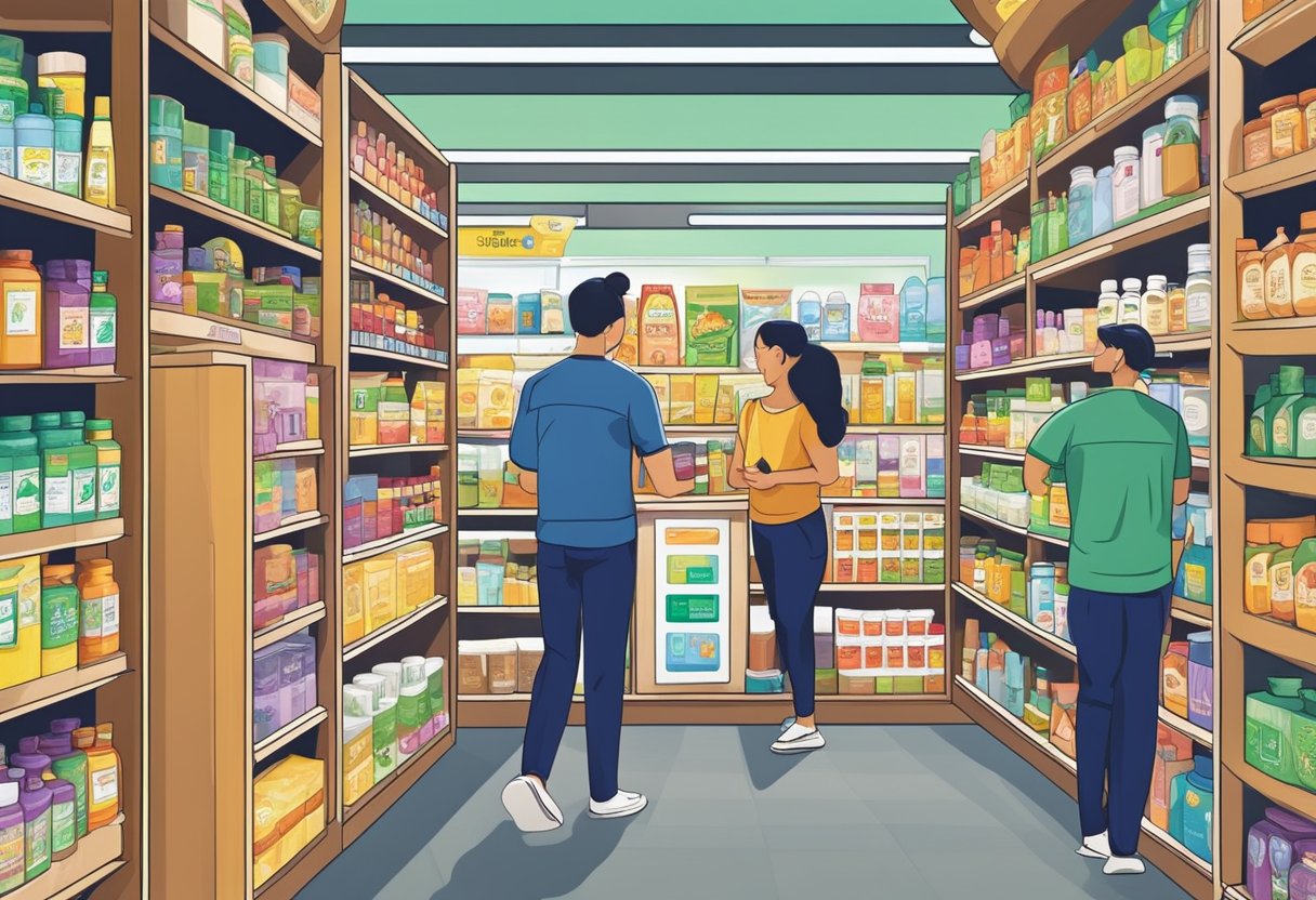 A colorful array of health and wellness products fill the shelves at iHerb Singapore, with customers browsing and selecting items with care
