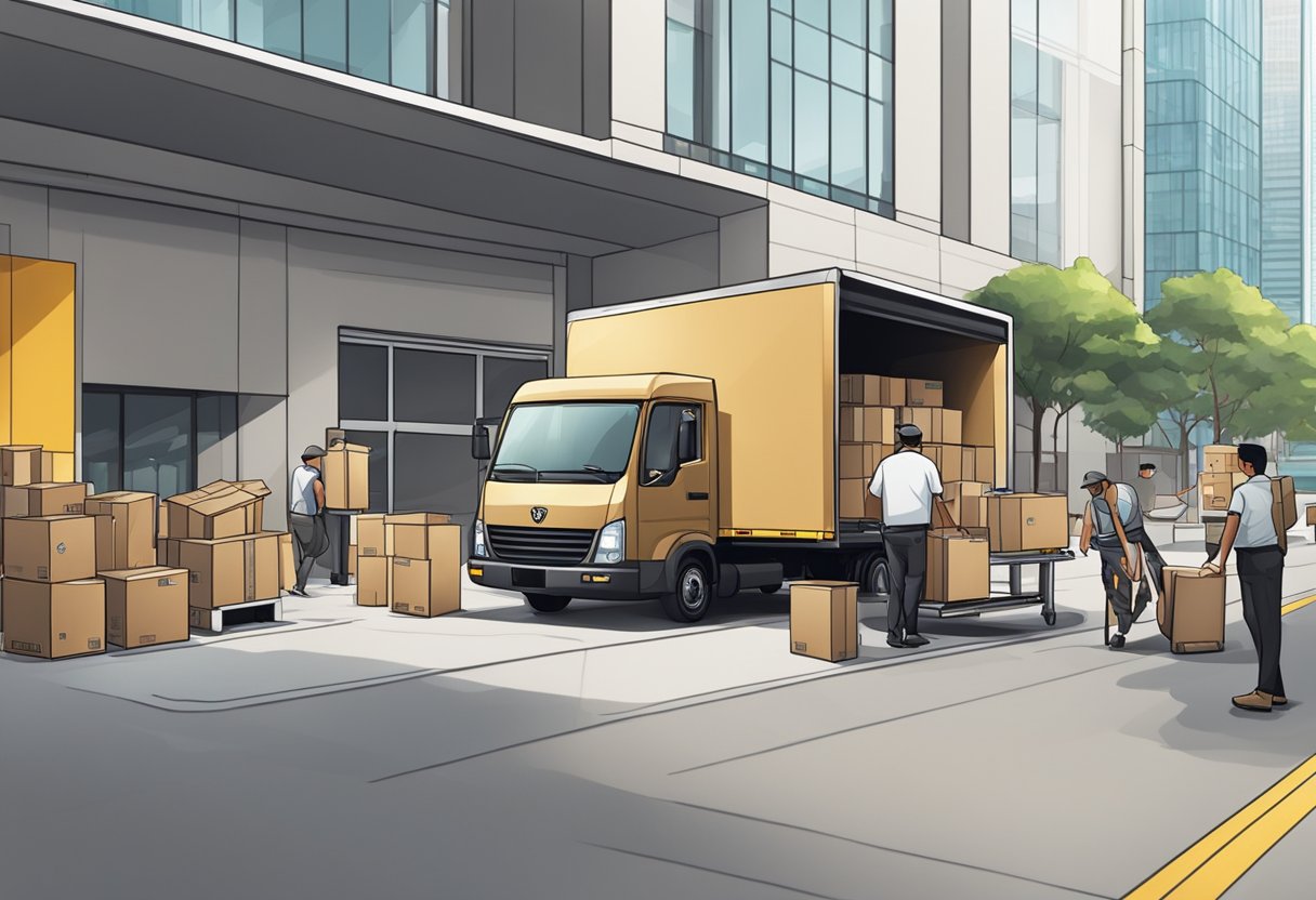 A UPS delivery truck parked outside a modern building in Singapore, with packages being loaded and unloaded by workers