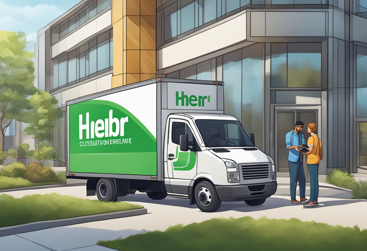 A delivery truck parked outside a modern office building with the iHerb logo displayed prominently. A customer service representative assisting a customer over the phone