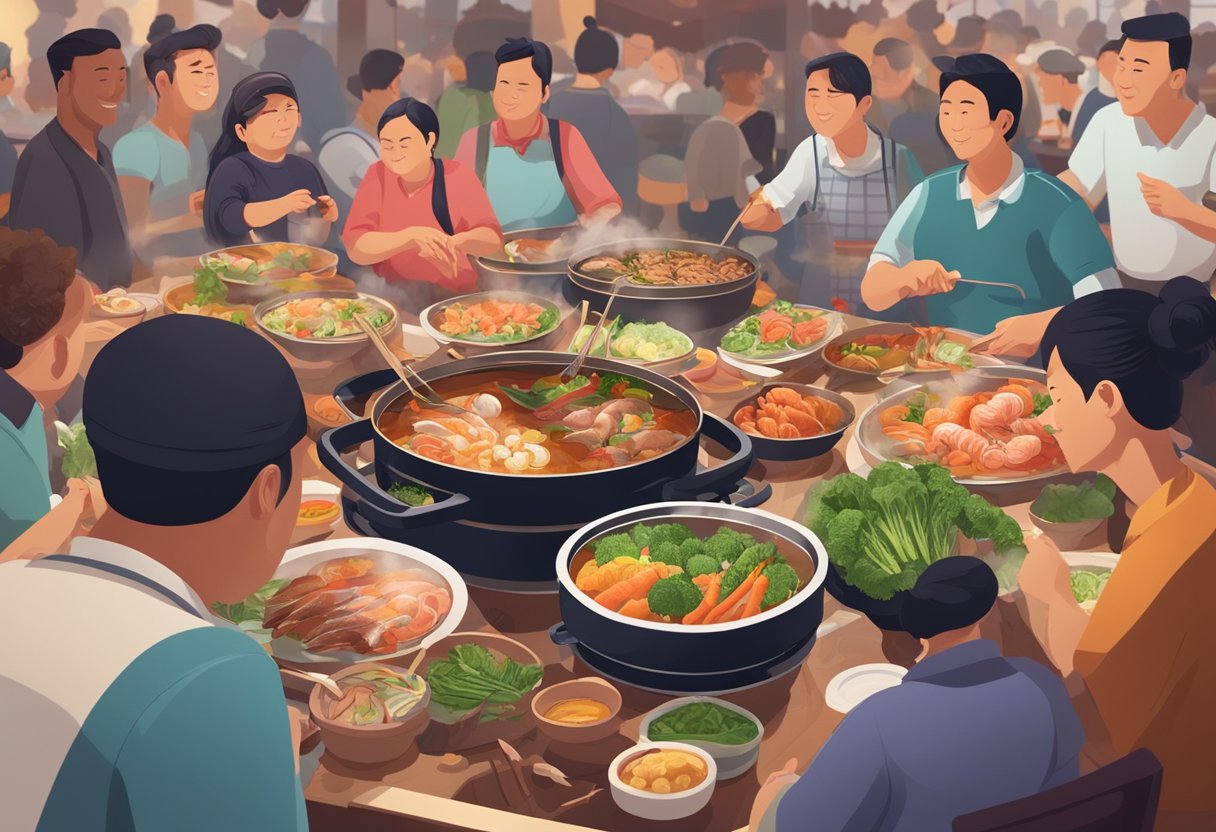 A steaming hotpot sits on a table surrounded by an assortment of fresh vegetables, meats, and seafood. The dining area is bustling with people enjoying the interactive and communal dining experience