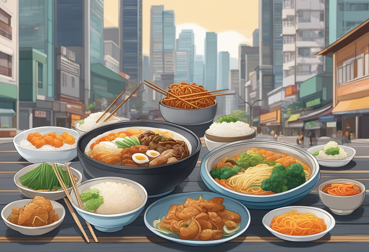 A table set with Korean dishes, chopsticks, and traditional Korean utensils, with a backdrop of a bustling Singaporean street