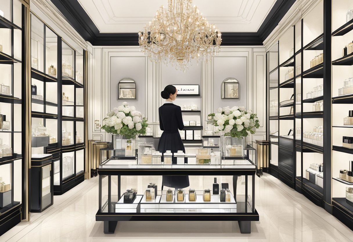 A customer enters a Jo Malone store in Singapore, greeted by luxurious fragrance displays and attentive staff. The elegant interior exudes a sense of sophistication and exclusivity
