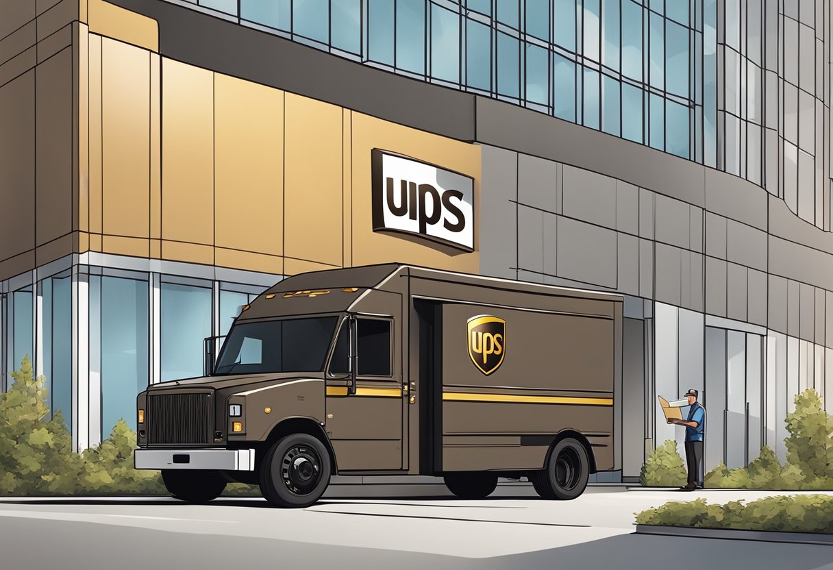 A UPS delivery truck parked outside a modern office building, with a customer service representative assisting a client at the entrance