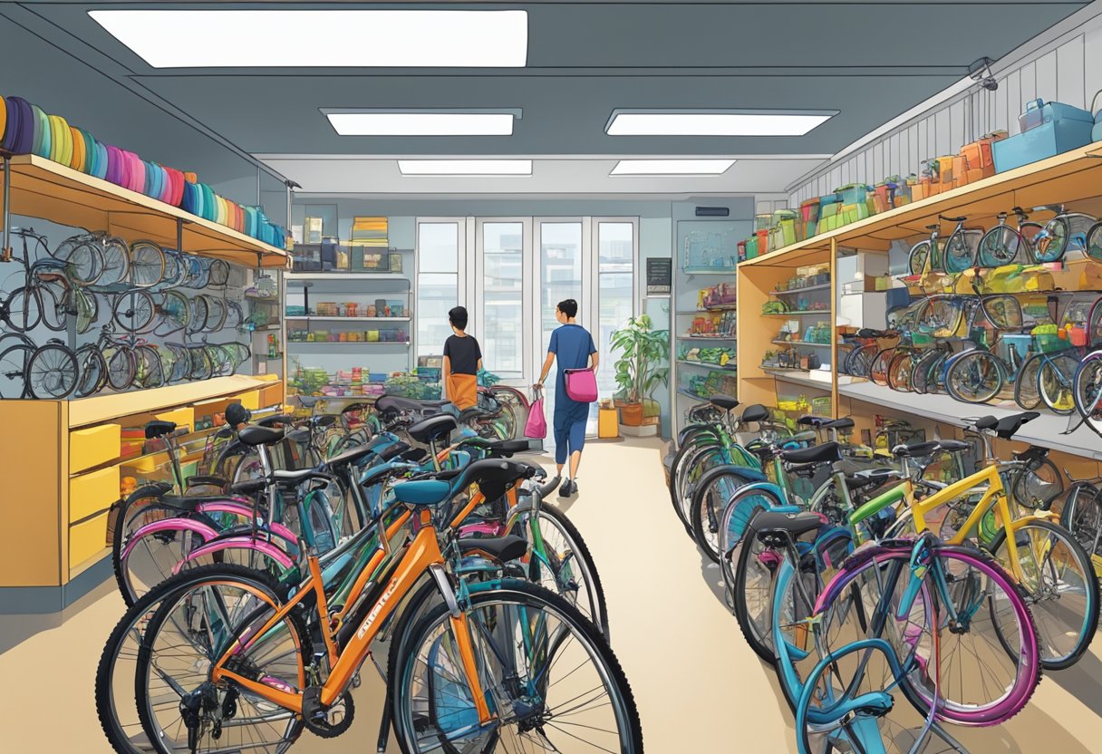 A bustling bicycle shop in Singapore with rows of colorful bikes and accessories displayed on shelves, while customers browse and chat with staff