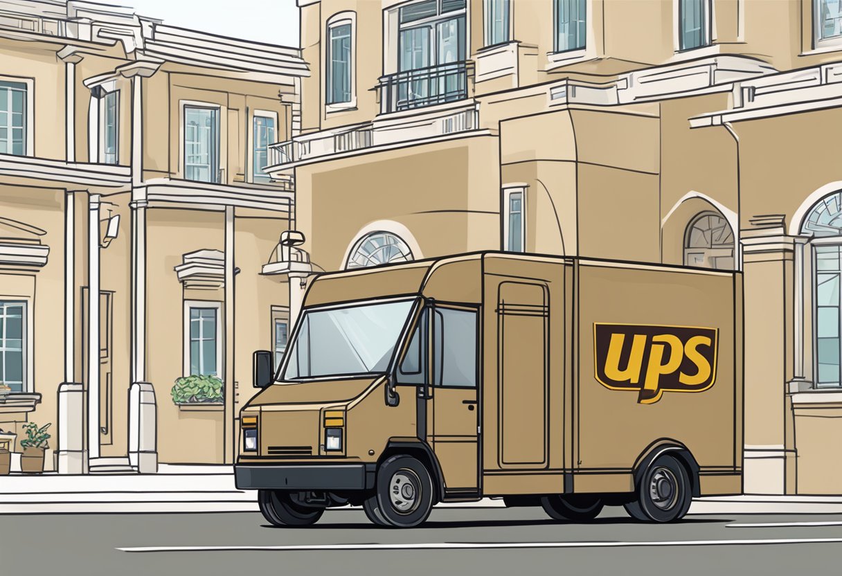 UPS Singapore's frequently asked questions: a computer screen displaying a list of inquiries, a UPS delivery truck in the background