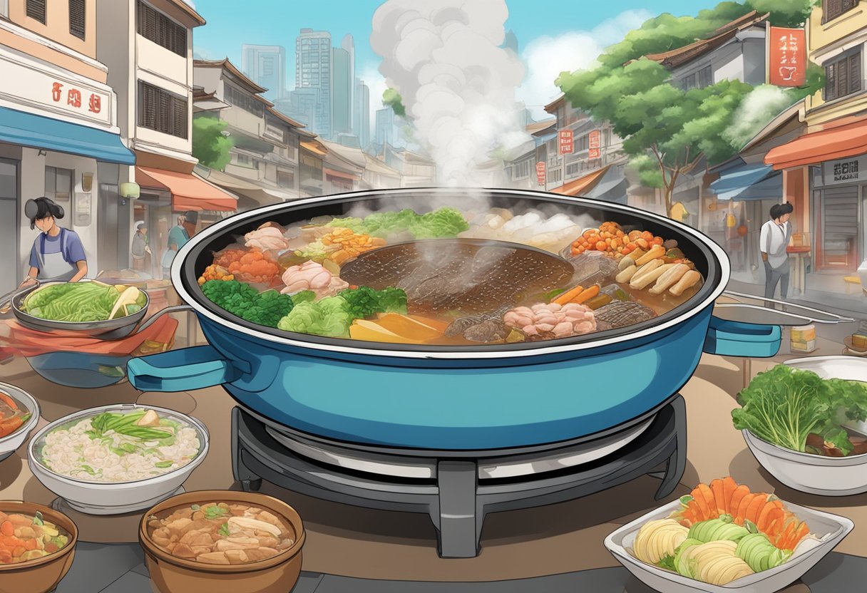 A steaming hotpot surrounded by various ingredients, with a bustling Singaporean street scene in the background