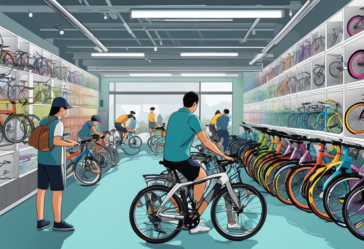 Customers browsing colorful bicycles in a modern Singapore bike shop. Rows of sleek, high-tech models line the walls, while a mechanic works on a bike in the background