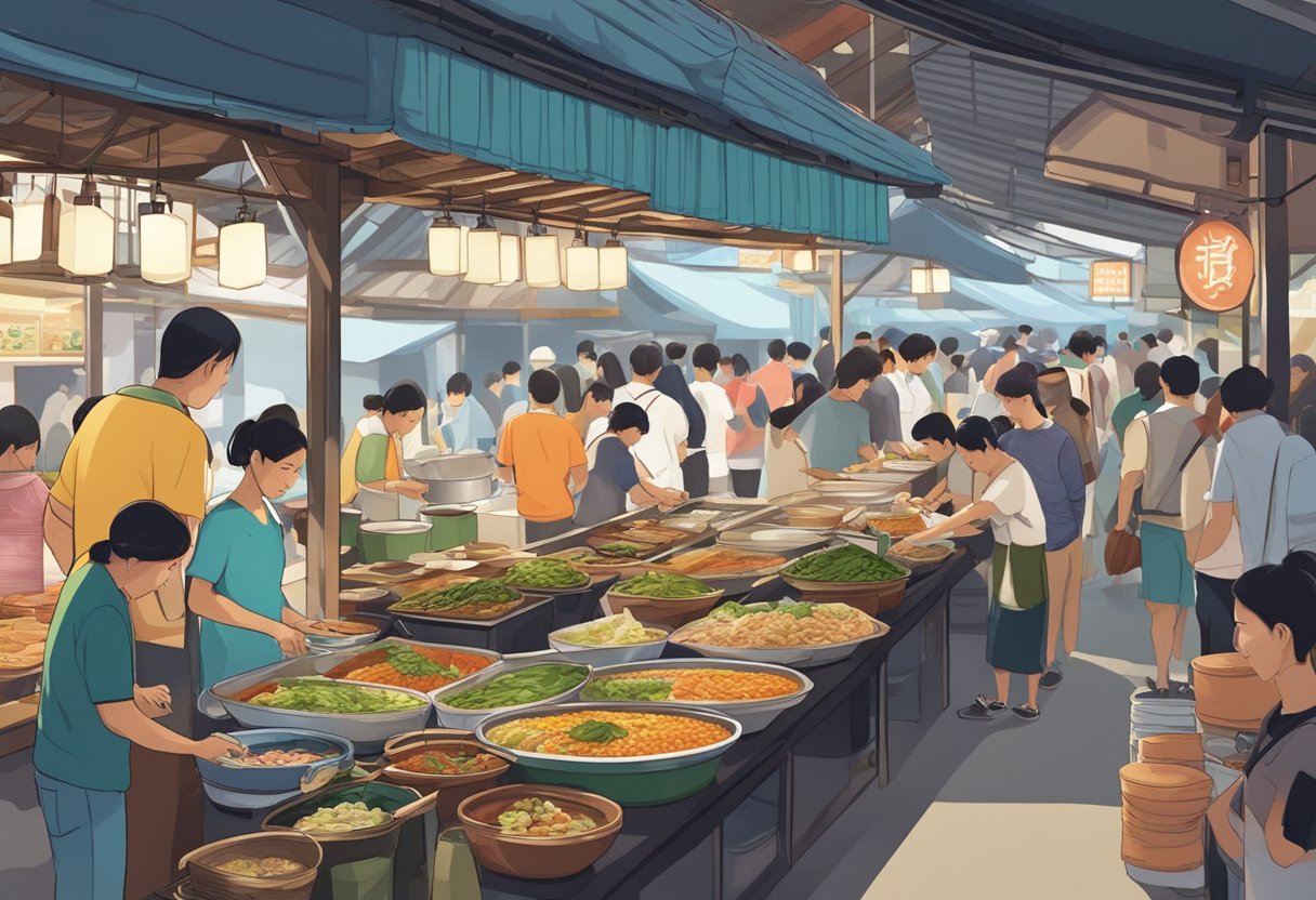 A bustling Korean food market in Singapore, with vendors selling various dishes and customers lining up to try the popular cuisine