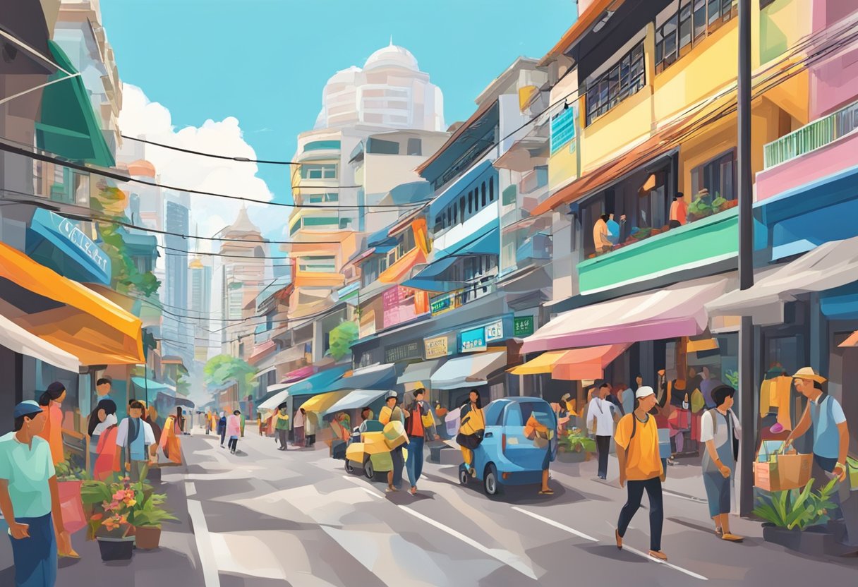 A colorful street in Singapore with a prominent sign reading "Kailash Parbat" surrounded by bustling activity and vibrant storefronts