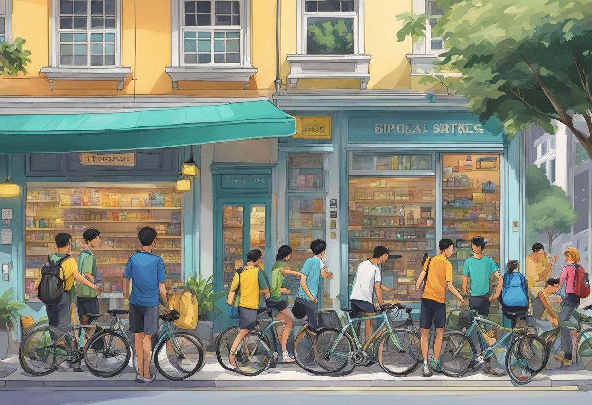 Cyclists gather outside a vibrant bicycle shop in Singapore, exchanging stories and admiring the latest gear. A group sets off on a scenic ride, while others browse the shop's extensive selection