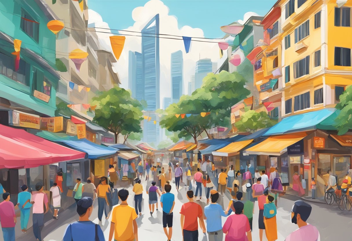 The bustling streets of Singapore surround Kailash Parbat, with colorful signs and busy pedestrians creating a lively atmosphere