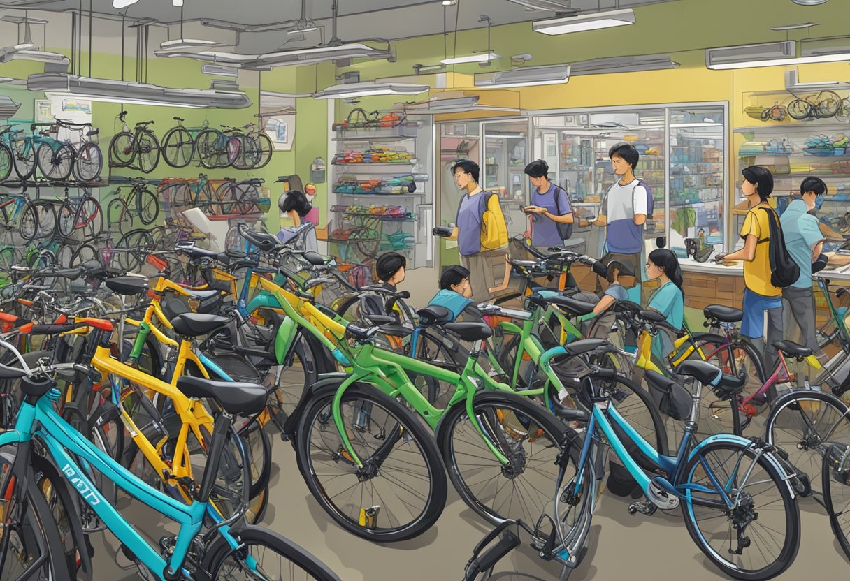 A bustling bicycle shop in Singapore, with rows of colorful bikes on display and customers chatting with knowledgeable staff