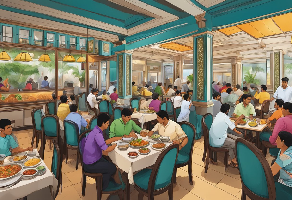 A bustling restaurant with a vibrant atmosphere, filled with customers enjoying authentic Indian cuisine at Kailash Parbat in Singapore