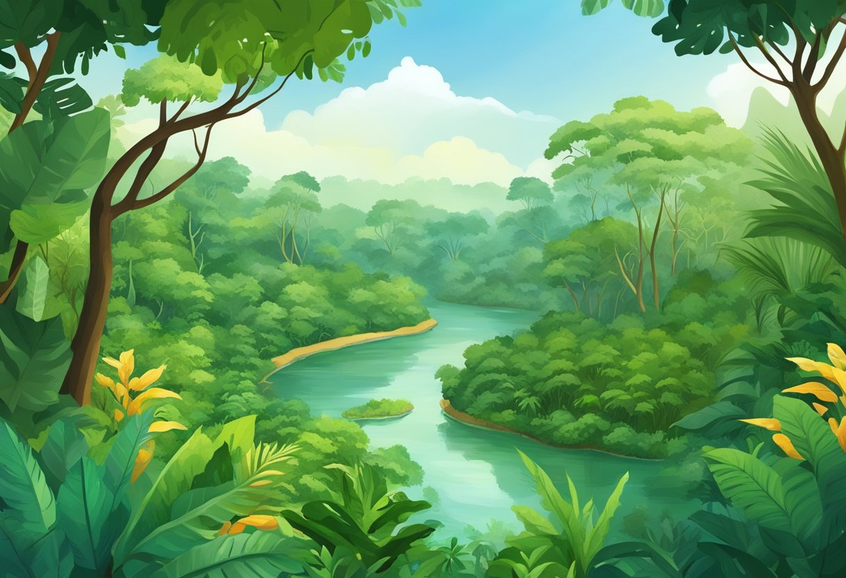 Lush green foliage surrounds a winding river in Amazonia Singapore, with vibrant wildlife and exotic plants creating a vibrant and diverse ecosystem