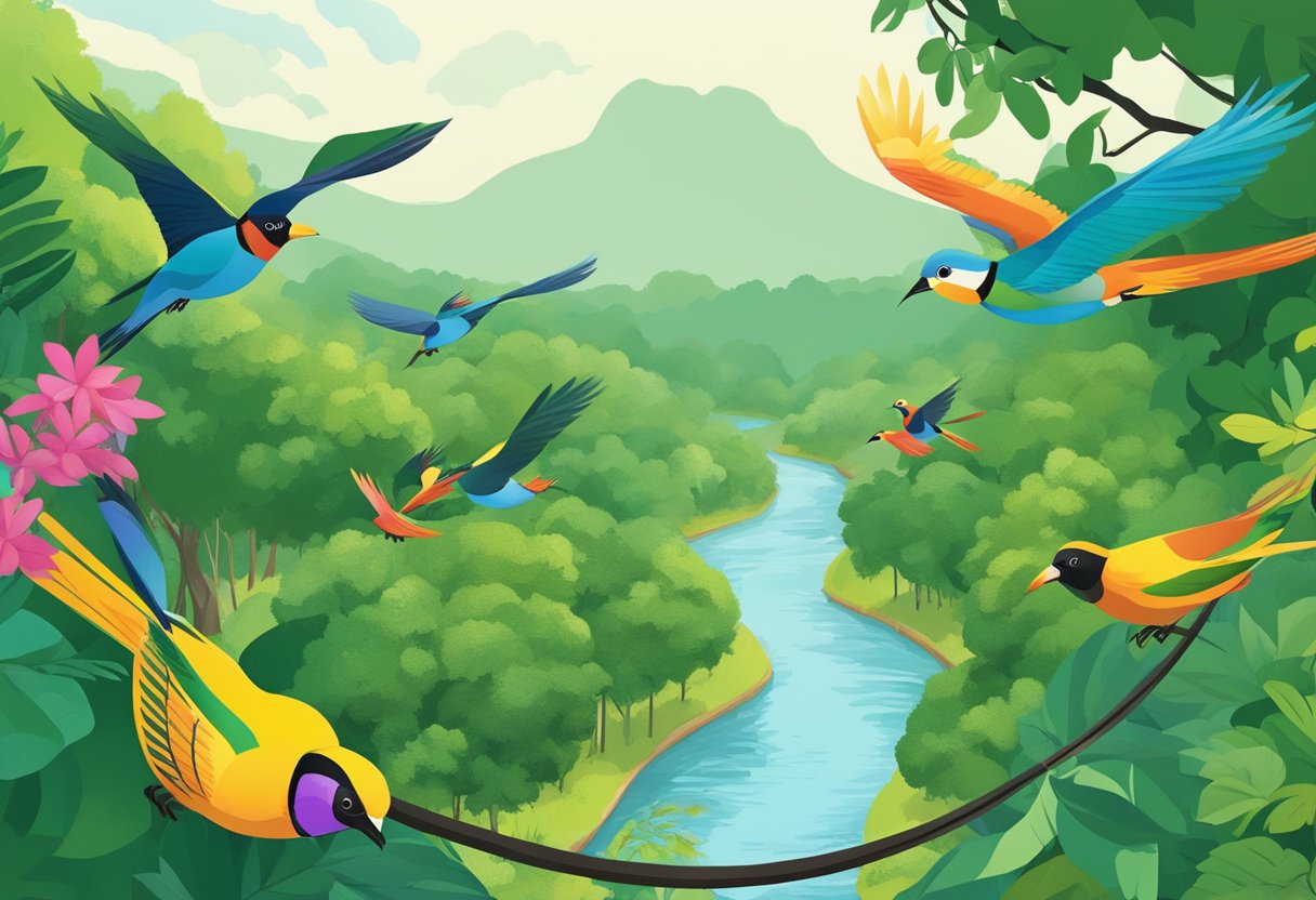 Lush green foliage surrounds a winding river, with colorful birds flying overhead. A zipline spans the treetops, while a group of visitors explore the canopy walkway