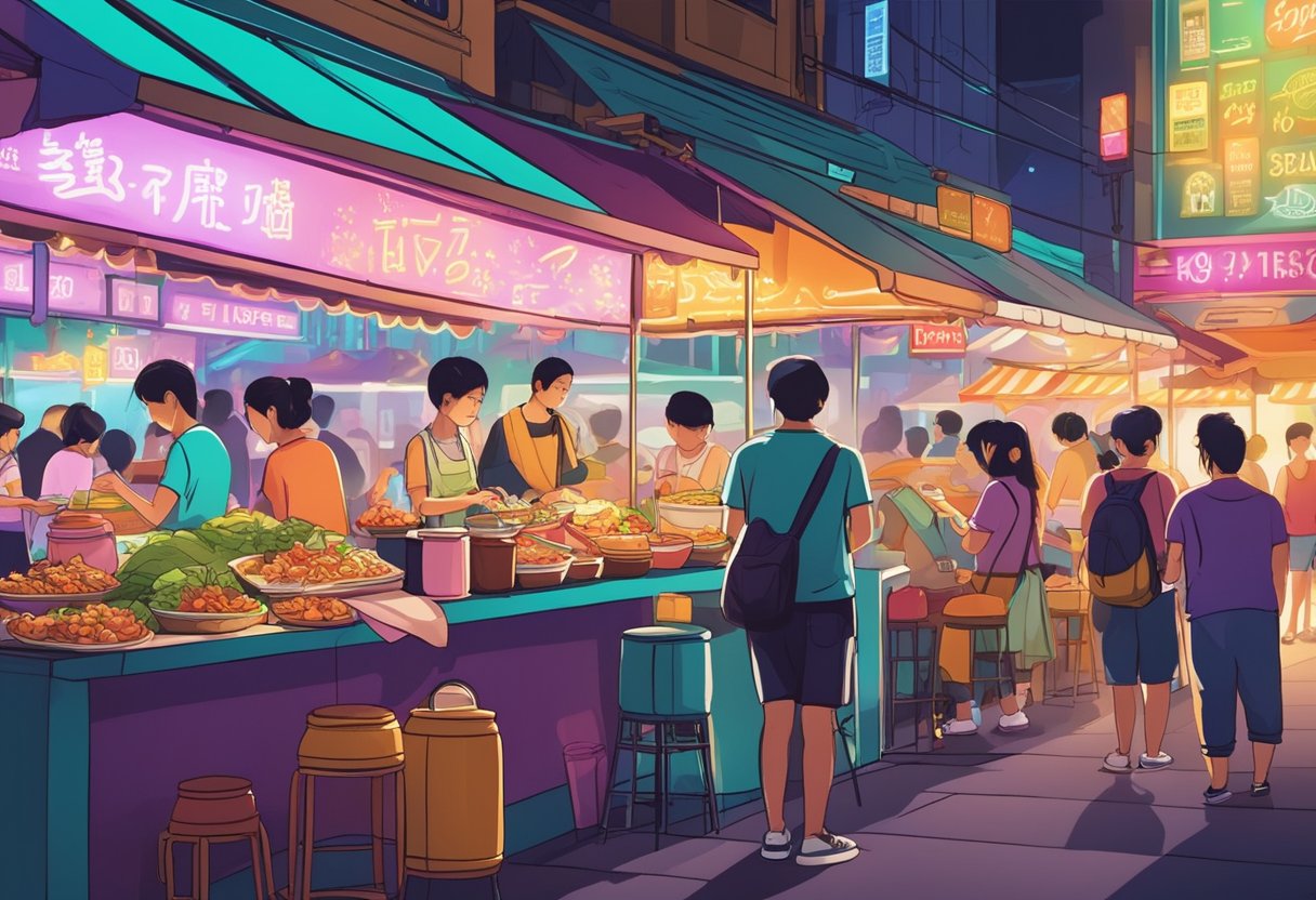People bustling in colorful food stalls, savoring diverse cuisines under glowing neon lights in Singapore's vibrant late-night food scene