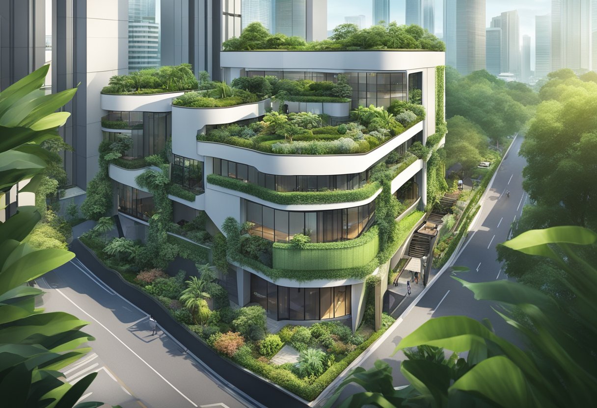 Lush greenery surrounds modern buildings with signs for various facilities and services in Amazonia Singapore