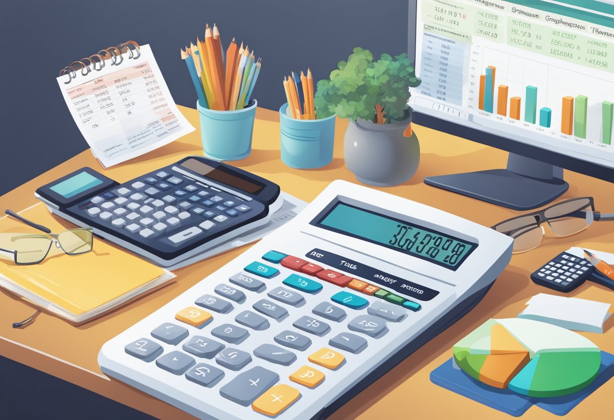 A calculator sits on a desk in front of a computer screen displaying "Singapore Tax Calculator" with various tax-related documents scattered around