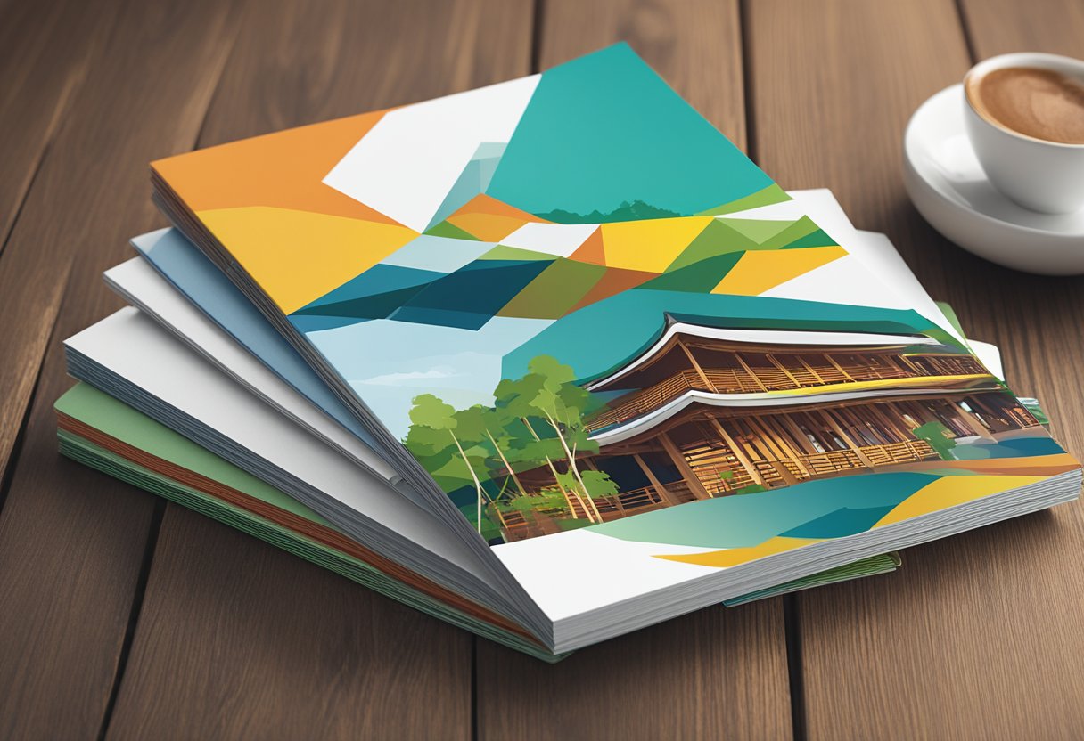 A stack of colorful brochures on a wooden table, with a laptop open to the Amazonia Singapore website in the background