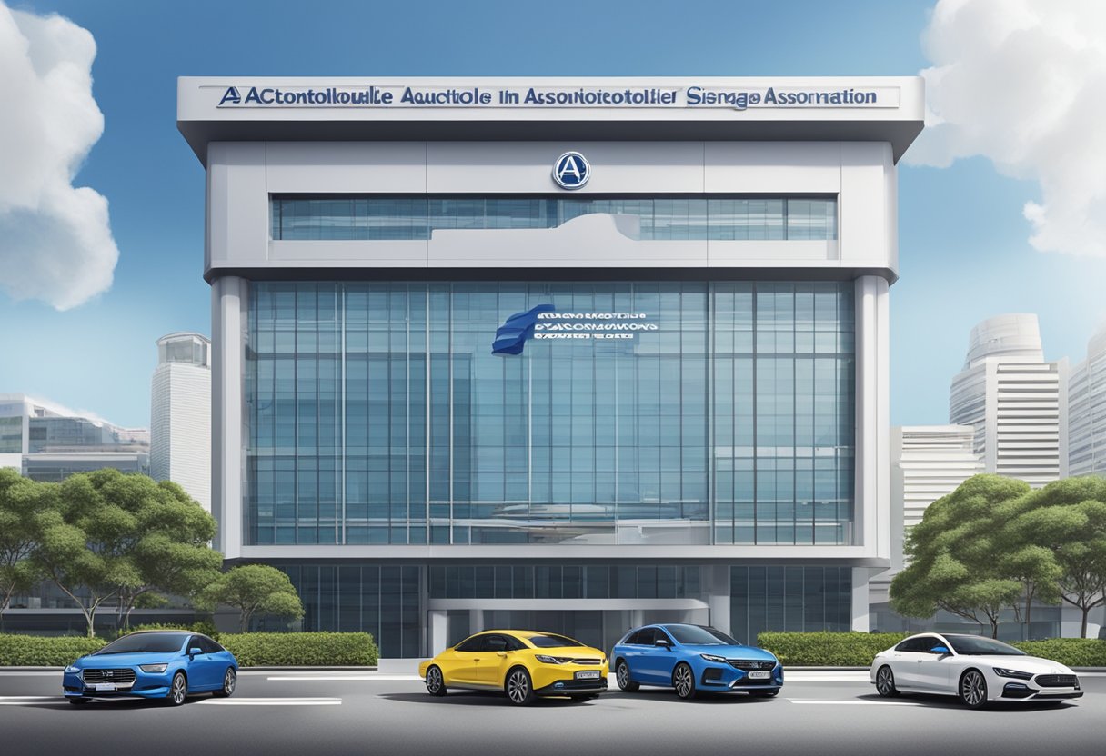 Cars parked in front of the Automobile Association of Singapore building, with the iconic logo displayed prominently on the facade