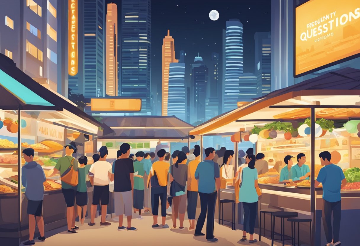 People lining up at food stalls under bright city lights. Signage displays "Frequently Asked Questions" late night food options in Singapore