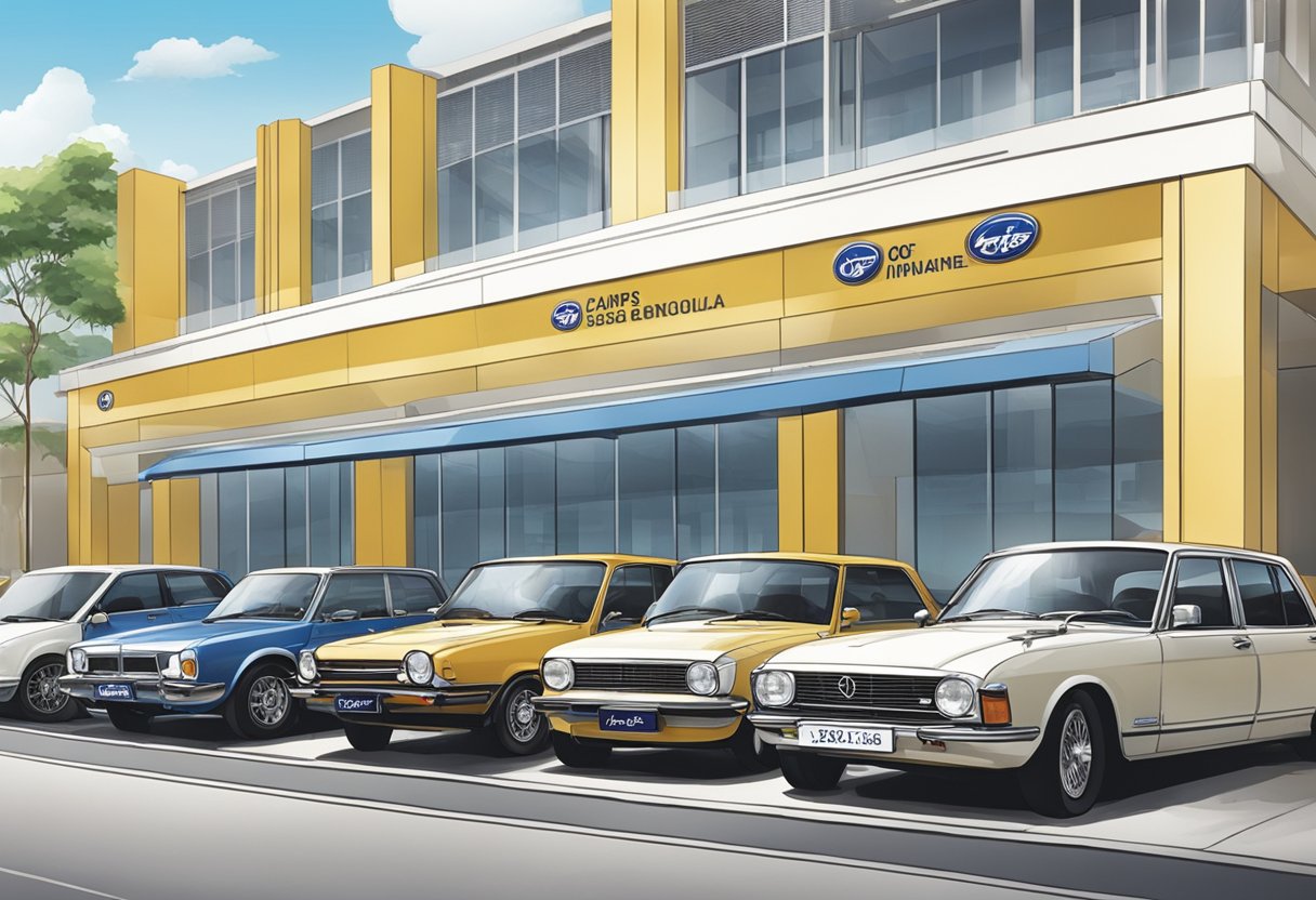 Cars lined up at the Membership and Benefits office of the Automobile Association of Singapore. A sign displays the association's logo and services offered