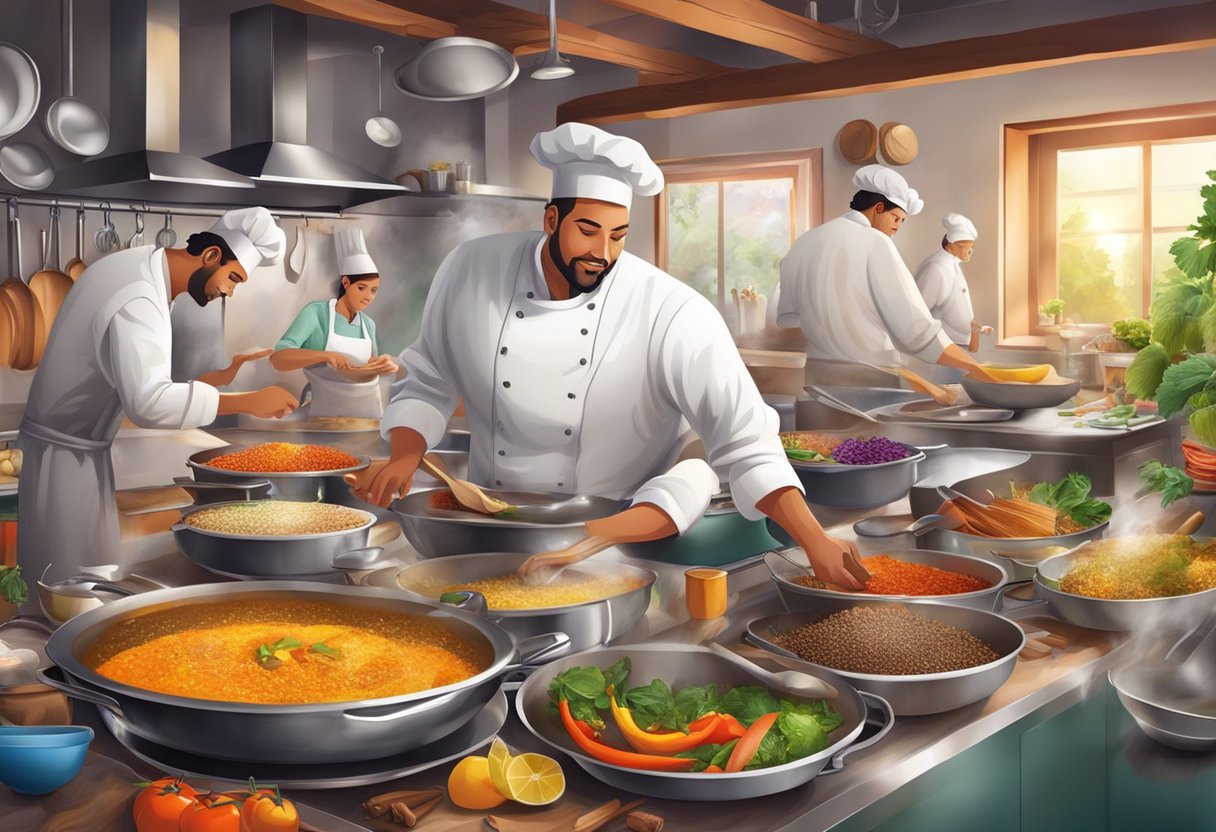 A bustling kitchen with chefs preparing dishes, surrounded by colorful ingredients and cooking utensils. A lively atmosphere with the aroma of spices and sizzling pans