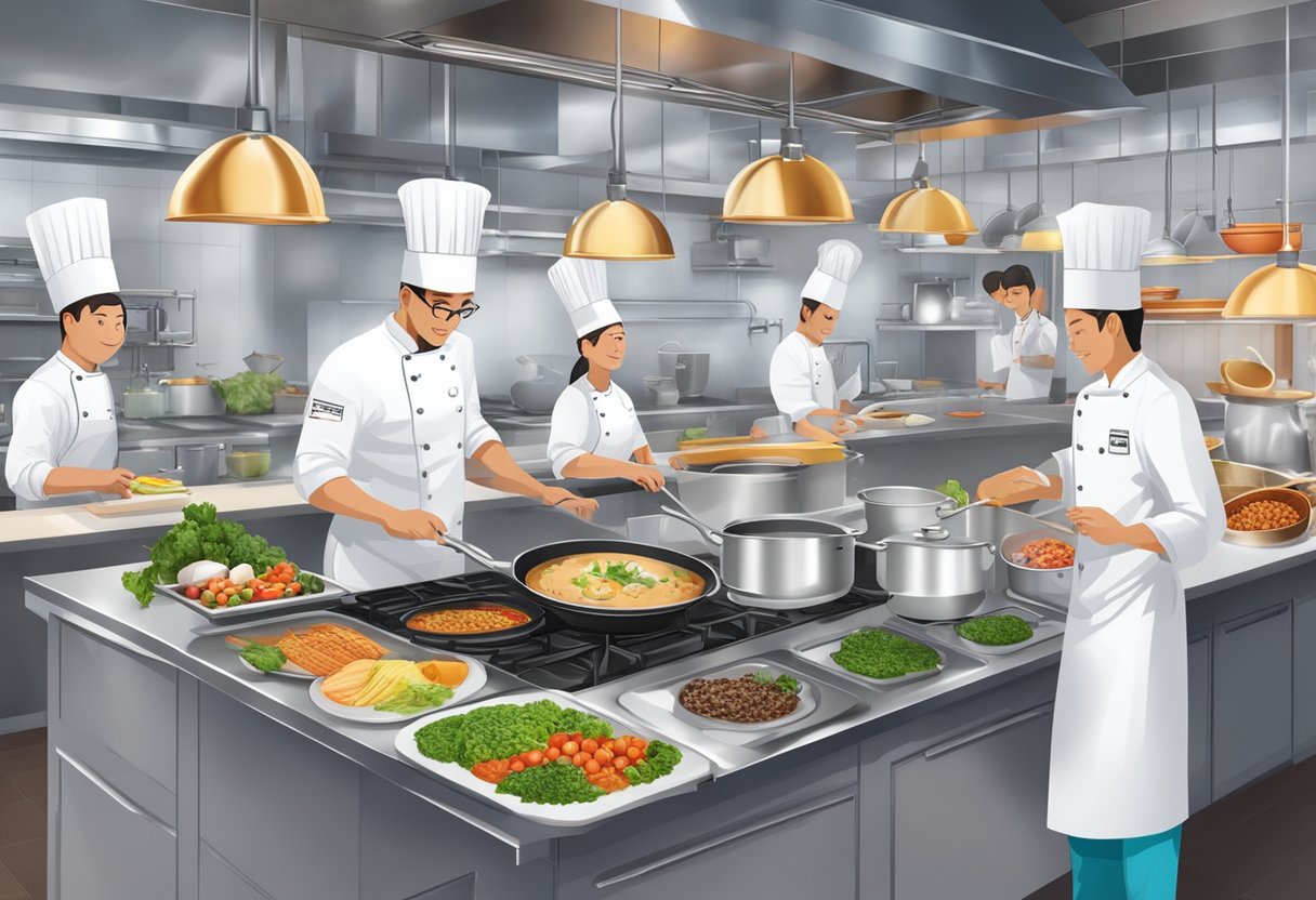 A bustling kitchen with chefs in white coats, sizzling pans, and colorful ingredients. A large banner with "Competition Masterchef Singapore" hangs above the cooking stations