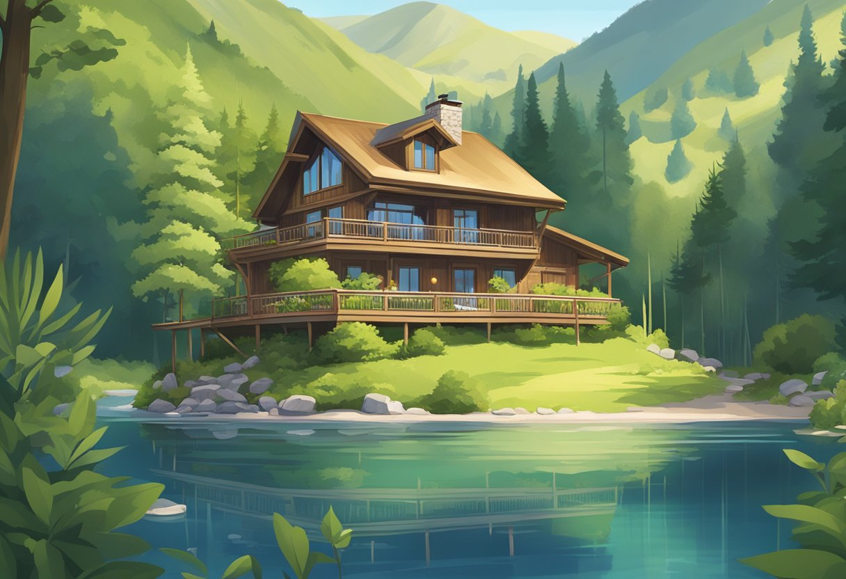 A cozy chalet nestled in lush greenery, with a serene lake in the background and a clear blue sky above