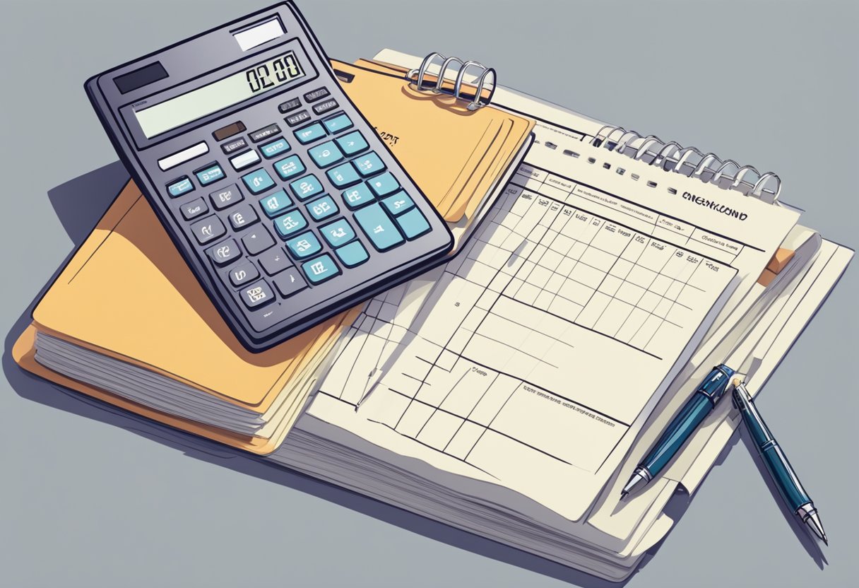 A calculator with Singapore tax forms and documents spread out on a desk, with a pen and notepad for notes