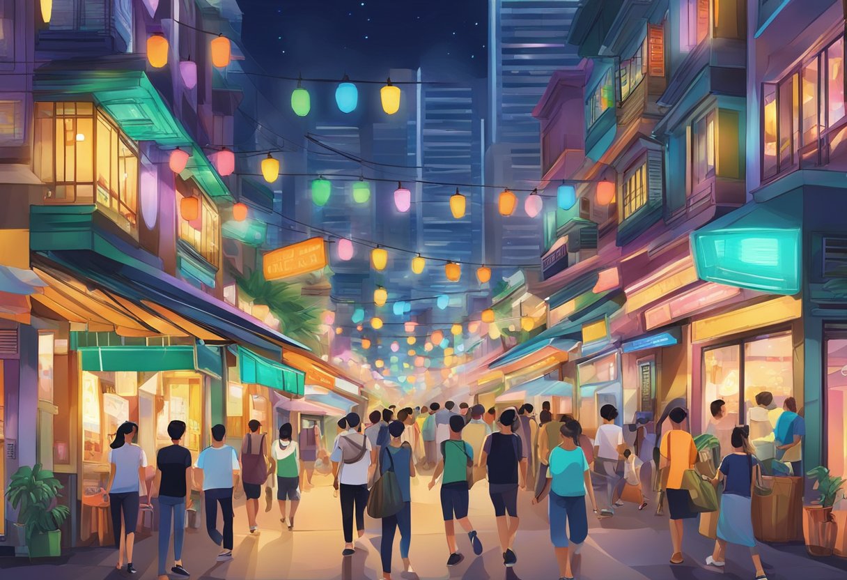A bustling street in Capital Zouk, Singapore, with colorful lights and vibrant storefronts